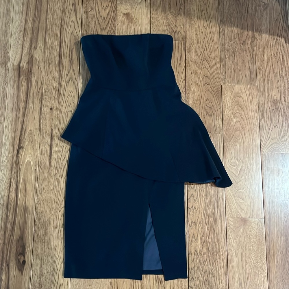 Jay Godfrey size O navy strapless midi dress asymmetrical peplum